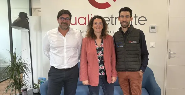 photo  ?qualiretraite à saint-pavace accompagne les particuliers et les professionnels dans la réalisation de leur bilan de fin de carrière, afin d’optimiser leurs droits à la retraite. angélique perroux, la présidente et thomas rouillard, le directeur général (à droite) en sont les fondateurs et ont été rejoints par willy jourdain, directeur général associé.  &copy;  photo qualiretraite 
