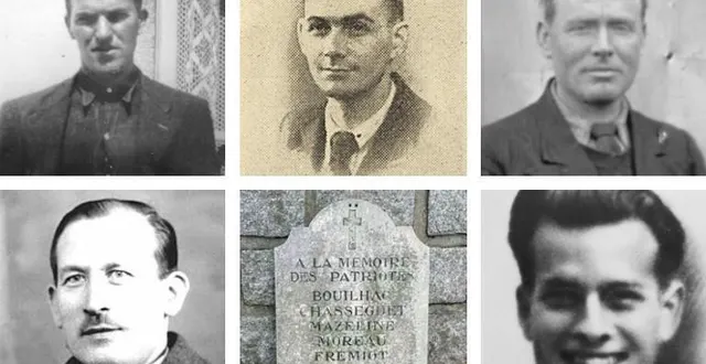 photo  de gauche à droite et de haut en bas : jean moreau, fernand chasseguet, alfred frémiot, françois bouilhac et jean mazeline. les cinq résistants exécutés à l’hôme-chamondot le 9 août 1944 et la plaque déposée au pied du monument aux morts du village ornais.  &copy;  dr 