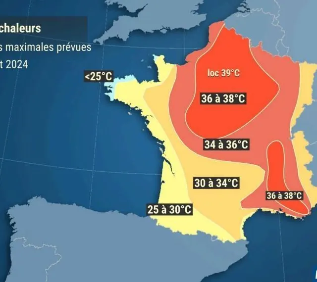 photo de très fortes chaleurs sont annoncées sur la france pour la journée de lundi 12 août 2024.  ©  capture d’écran météo france