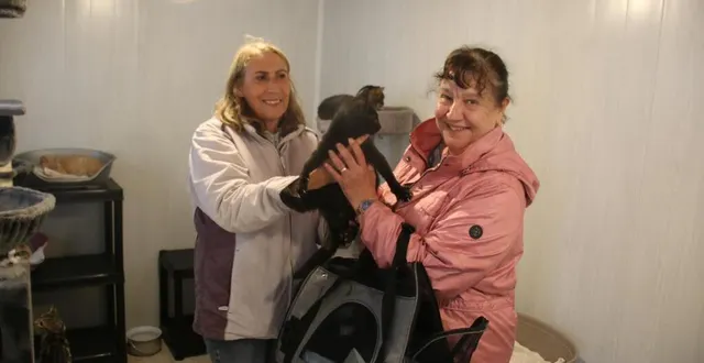 photo  mardi, accompagnée de claire martin (à gauche), sylvie, est venue de l’aigle (orne), pour adopter vador, un jeune chaton de cinq mois.  &copy;  ouest-france 