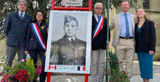 photo  la stèle en hommage au soldat canadien george-robert wallace, a été dévoilée, près du monument aux morts de sainte-gauburge-sainte-colombe (orne).  &copy;  ouest-france 