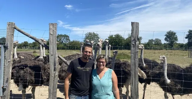 photo  mickaël et bénédicte devant leur élevage d’autruches.  &copy;  le maine libre 