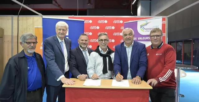 photo  jacques tuffière, vice-président de la ligue d’athlétisme des pays de la loire, dominique le mèner, président du département, jean-luc catanzaro, vice-président du conseil régional, serge mottier, le président de la ligue, nicolas carnec, directeur départemental ouest-france et philippe leprevost, président du comité d’athlétisme de la sarthe.  &copy;  ouest-france 