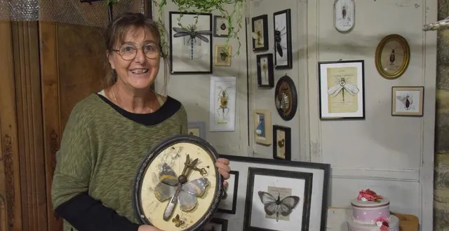photo  sylvia defer devant quelques-unes de ses œuvres. entre ses mains, un papillon réalisé à partir d’une pince à gigot.  &copy;  ouest-france 