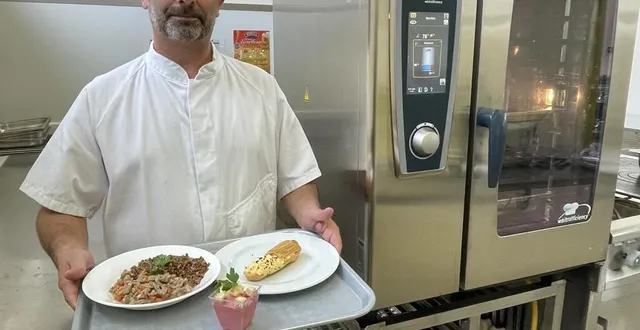 photo  crémeux de betteraves, sauté de veau aux pommes et risotto de sarrasin, éclair de butternut au chocolat blanc.  &copy;  le maine libre 