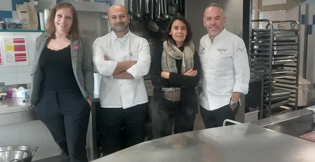 photo  de gauche à droite marie sourdaine directrice déléguée de l’hôpital de sées, sardar hamafarge chef cuisinier de l’hôpital, sonia neurisse directrice par intérim du chicam et arnaud viel chef étoilé de la renaissance  &copy;  ouest-france. 