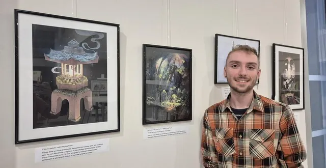 photo  pierre coubard devant ses œuvres exposées à la médiathèque la parenthèse.  &copy;  ouest-france 