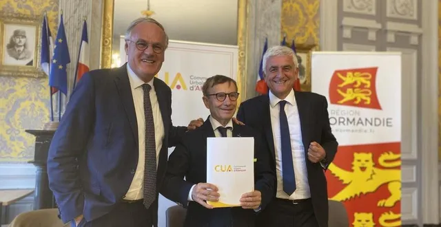 photo  christophe de balorre, président du conseil départemental de l’orne ; joaquim pueyo, président de la cua et maire d’alençon, et hervé morin, président de la région normandie, ont signé un nouveau contrat de territoire ce mardi 8 octobre 2024.  &copy;  ouest-france 
