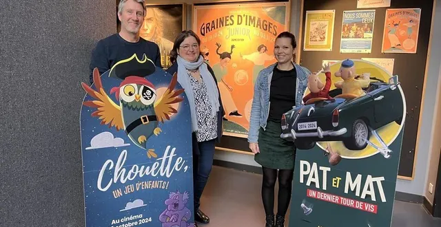 photo  jean-françois joly, directeur du cinéma, carine ménage, adjointe chargée de la culture, et fantine roques, du kid, s’apprêtent à lancer le festival graines d’images au cinéma, dès le 19 octobre 2024.  &copy;  ouest-france. 