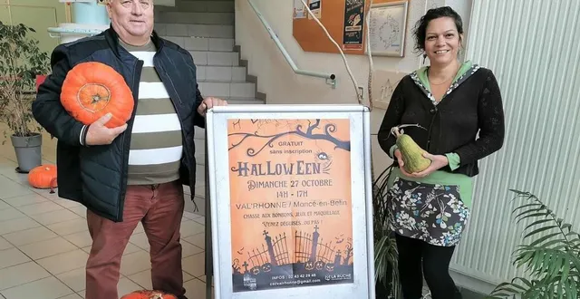 photo  michel robin, président du jardinier sarthois de moncé-en-belin, a livré les incontournables citrouilles d’halloween au val’rhonne à la grande joie d’émilie georget, chargée d’accueil  &copy;  le maine libre. 