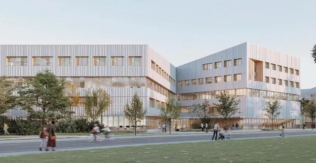 photo  l’entrée principale, côté avenue bartholdi. situé en bordure du campus de l’université du mans, le futur bâtiment réunira les sept principales structures de formation sanitaire et sociale de le mans métropole.  &copy;  dlw architectes 
