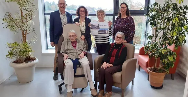 photo  de gauche à droite, patrick génin, delphine villon, marie mésenge, sandra robert entourent denise radigue à gauche et simone masurier à droite.  &copy;  ouest-france 