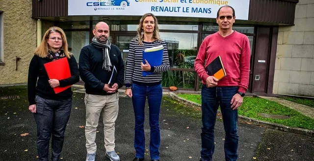 photo  le mans, le mardi 3 décembre 2024. de gauche à droite : nina lancien (trésorière adjointe du cse renault, cfdt), arnaud samson (secrétaire adjoint, cfdt), sandrine busson (trésorière, cfe-cgc) et mickael mercent (secrétaire cfe-cgc).  &copy;  photo le maine libre - yvon loué 