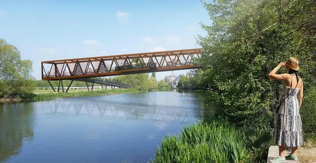 photo  une représentation de la passerelle sur la sarthe vue de l’aval, depuis la rive côté rue des jumeaux, selon l’avant-projet présenté en conseil municipal en septembre 2023.  &copy;  cabinet aie 