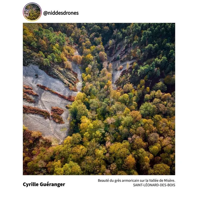 « La beauté du grès armoricain sur la Vallée de Misère », une photographie prise à Saint-Léonard-des-Bois par Cyrille Guéranger (@niddesdrones). Conseil départemental de la Sarthe photo « la beauté du grès armoricain sur la vallée de misère », une photographie prise à saint-léonard-des-bois par cyrille guéranger (@niddesdrones). © conseil départemental de la sarthe