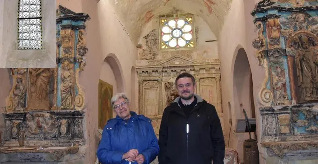 photo  marguerite leroy et tony foulon ont évoqué le déroulé du chantier : la rosace restaurée notamment, au-dessus de la voûte peinte.  &copy;  le maine libre 