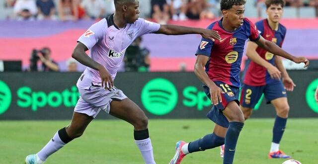 photo  lamine yamal et nico williams pendant le match entre le fc barcelona et l’athletic club de bilbao, lors de la 2e journée de liga, à barcelone le 24 août 2024.  ©  photo : joan valls / afp 