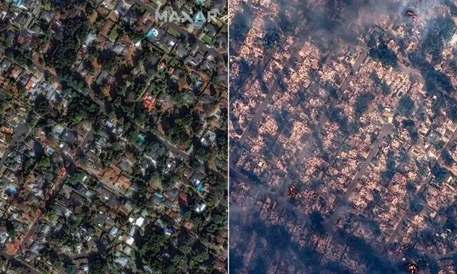 photo cette combinaison d’images satellites de maxar technologies créées le 8 janvier 2025 montre une vue d’un quartier d’altadena, en californie, le 6 janvier 2025 (à gauche) et le 8 janvier 2025 lors de l’incendie d’eaton.  ©  afp / satellite image ©2025 maxar technologie
