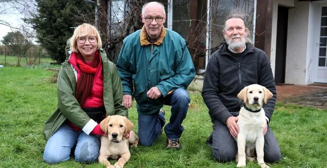 photo  vernoil-le-fourrier, jeudi 9 janvier 2025. betty et frank van tuijl et jean-paul renaudin, accompagnés de vargas (à gauche), et vipsy.  &copy;  le courrier de l’ouest - mgt 