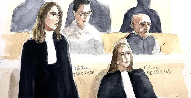 photo  au terme des débats, nikolas sarouille et jean-luc boulon (ici avec leurs avocates me linda medjber et me dorothée bersihand), ont demandé « des excuses » à la grande absente du procès.  &copy;  dessin le maine libre - charlotte foisseau-bouttier 