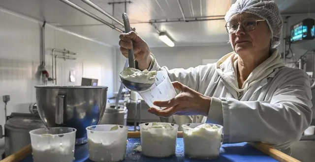 photo  spay, mardi 14 janvier 2025. dans le laboratoire, valérie robin en plein travail de fabrication de la faisselle, moulée à la louche.  &copy;   le maine libre-denis lambert 