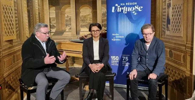photo  rené martin (à droite), directeur artistique de l’événement musical ma région virtuose, est venu, jeudi, pour annoncer le lancement d’une invitation à l’écoute des plus beaux récits, contes et légendes. il était accompagné par le maire de la commune, jean-luc suhard (à gauche), et la vice-présidente du conseil régional des pays de la loire, isabelle leroy.  &copy;  ouest-france 