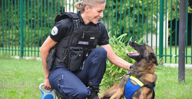 photo  équipe cynophile de la compagnie de gendarmerie de la flèche, septembre 2023. adjudant-chef céline besnard et pulaar, un malinois âgé de 4 ans et demi.  &copy;  archives le maine libre 