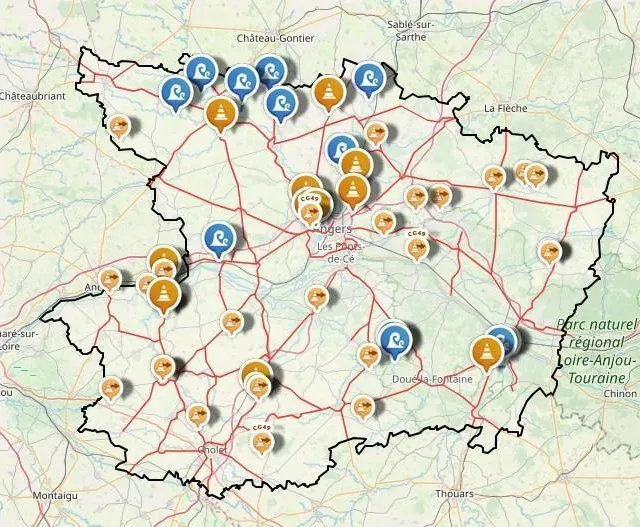 photo le site inforoutes 49 recense les routes coupées à la circulation par les inondations qui touchent le maine-et-loire.  ©  capture d’écran inforoutes 49