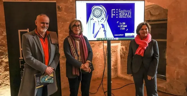 photo  de gauche à droite, renaud-juan vasseur, directeur de la culture au département, véronique rivron, première vice-présidente du département, notamment en charge de la culture et marianne gaussiat, programmatrice du festival, lors de sa présentation, mardi 4 février, à l’abbaye de l’épau.  &copy;  ouest-france 