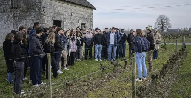 photo  les étudiants ont écouté attentivement les explications d’anthony moulé, chef de culture et d’anne-laure demaris, régisseuse, (de dos) sur les métiers de la viticulture, au milieu des vignes du domaine de haute-perche à saint-melaine-sur-aubance (maine-et-loire).  &copy;  ouest-france 