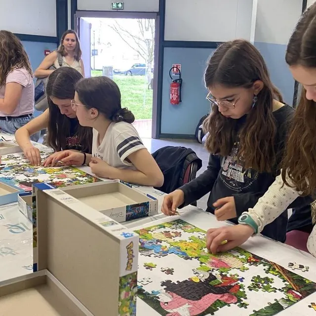 photo des jeunes filles concentrées sur leur ouvrage dans une compétition parallèle aux 24 heures puzzle.  ©  archives ouest-france