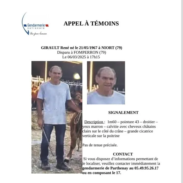 Toute personne qui possède des informations doit contacter la gendarmerie ; GENDARMERIE DES DEUX-SEVRES photo toute personne qui possède des informations doit contacter la gendarmerie ; © gendarmerie des deux-sevres