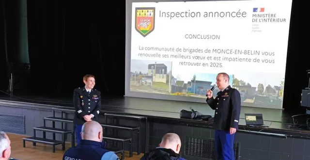 photo  claire moquet, commandant en second du groupement de la sarthe, et victor bénéfice, commandant de la communauté de brigade de moncé-en-belin.  &copy;  ouest-france. 