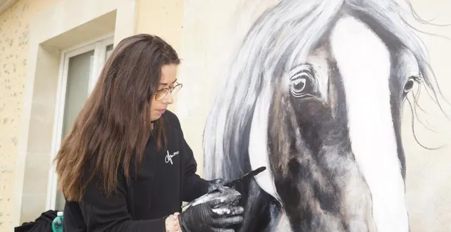 photo  manon hardoin en pleine concentration pour la réalisation de sa fresque sur une maison, rue chemin de l’aunay.  &copy;  ouest-france 