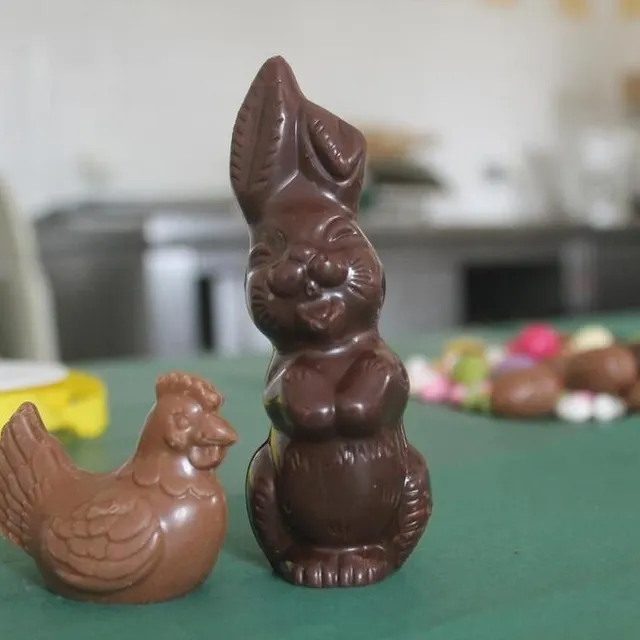 photo une poule chocolat au lait et un lapin chocolat noir prêts pour pâques.  ©  ouest-france