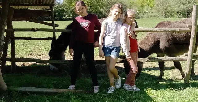 photo  les enfants du club nature junior ont rendu visite au petit âne gris, broutant l’herbe du pré de cécile et alain huet.  &copy;  ouest-france 