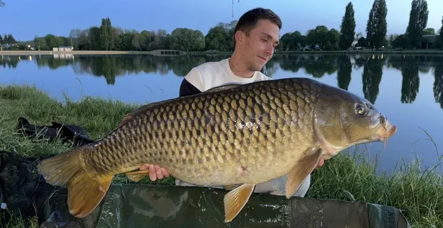 photo  tuffé-val-de-la-chéronne, 22 avril 2025. quentin hardoin a battu le record du lac de tuffé avec cette carpe commune de 25,1 kg.  &copy;  quentin hardouin 