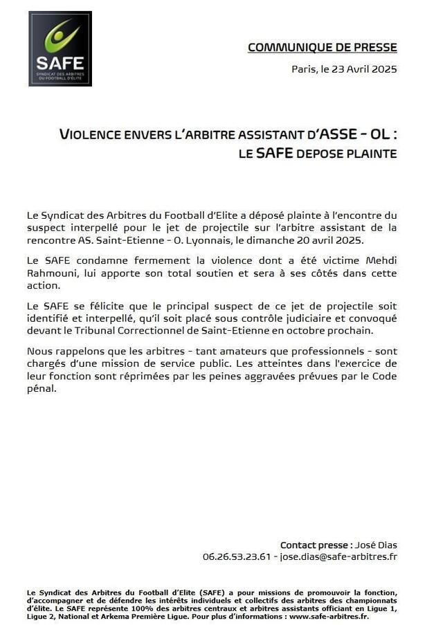 Le communiqué du Syndicat des arbitres du football d’élite. SAFE photo le communiqué du syndicat des arbitres du football d’élite. © safe