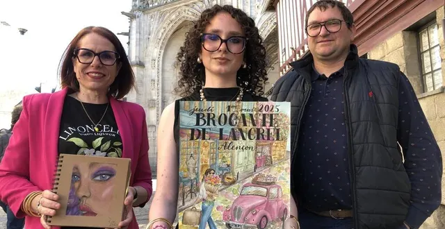 photo  la jeune artiste rose méline entourée de ses parents, émilie et jocelyn. elle a réalisé cette magnifique affiche pour la brocante de lancrel, à alençon, qui aura lieu le 1er mai 2025, tirée à environ 150 exemplaires.  &copy;  ouest-france 