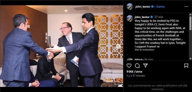 John Textor et Nasser al-Khelaïfi mercredi au Parc des Princes. Instagram John Textor photo john textor et nasser al-khelaïfi mercredi au parc des princes. © instagram john textor