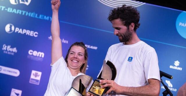 photo charlotte yven et hugo dhallenne ont remporté la transat paprec 2025, ce vendredi 9 mai à saint-barthélemy. © oc sport pen duick