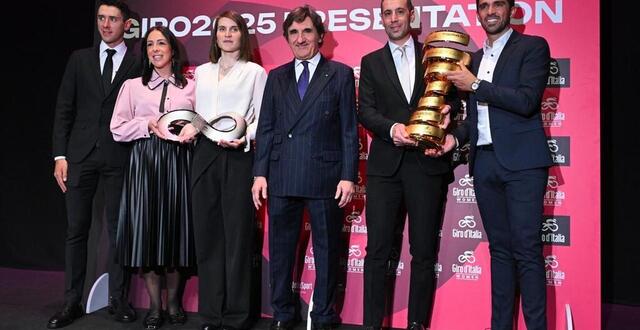 photo deux anciens vainqueurs du giro, vincenzo nibali et alberto contador, lors de la présentation de l’édition 2025. © andreas solaro / afp