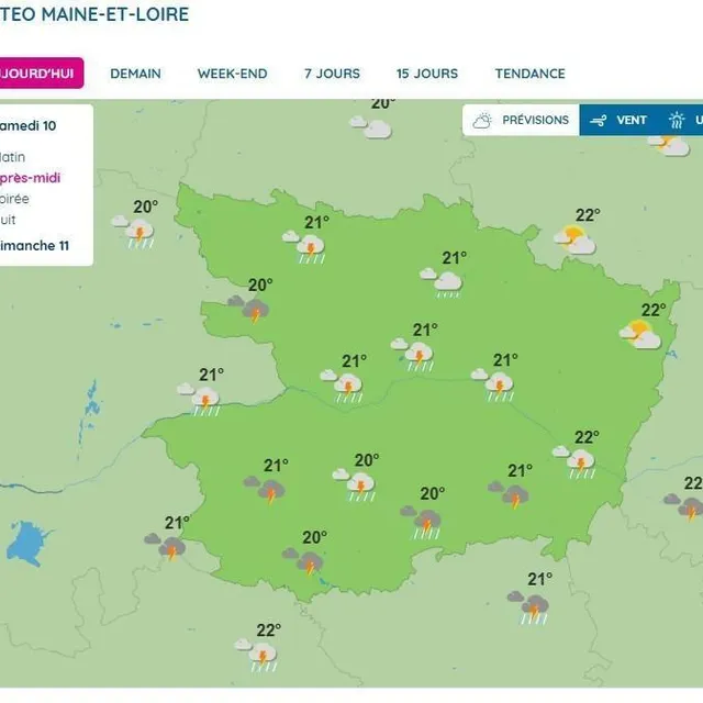 photo les prévisions pour ce samedi après-midi, en maine-et-loire.  ©  capture d’écran : météo france