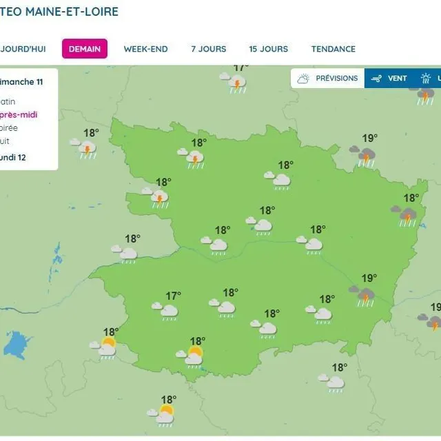 photo les prévisions pour ce dimanche après-midi, en maine-et-loire.  ©  capture d’écran : météo france