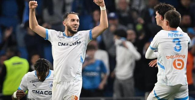 photo amine gouiri célébrant la victoire de l’om contre le havre, ce samedi 10 mai 2025. © lou benoist / afp