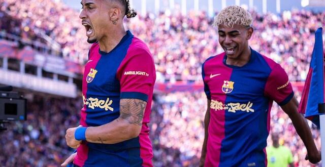 photo les barcelonais raphinha et lamine yamal lors du clasico remporté (4-3) le 11 mai 2025. © matthieu mirville / afp