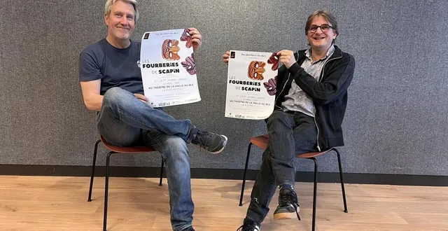 photo  jean-françois joly et jean-françois béchu, ravis d’annoncer la nouvelle création des jourdain du loir qui débutera mercredi 21 mai 2025 au théâtre de la halle au blé.  &copy;  ouest-france. 