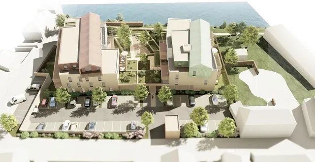 photo  un visuel aérien depuis la rue de sarthe de la résidence baptisée sartora et attendue en 2028 à sablé-sur-sarthe.  &copy;  clément cher – architecte du cabinet thellier architectes 