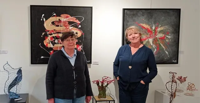 photo  edith saignier et sabrina roche, lors de l’installation de leur exposition commune à la médiathèque.  &copy;  ouest-france 