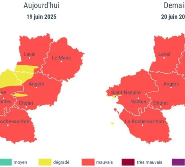 photo pour le vendredi 20 juin, la qualité de l’air est classée « mauvaise » par air pays de la loire.  ©  capture d’écran
